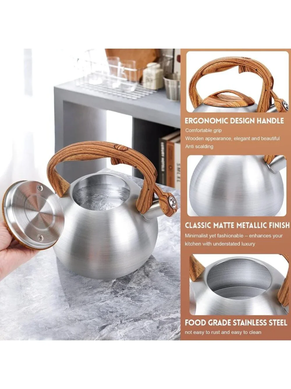 GGC 3.1QT Silver Stainless Steel Whistling Tea Kettles For Kitchen Stove Top